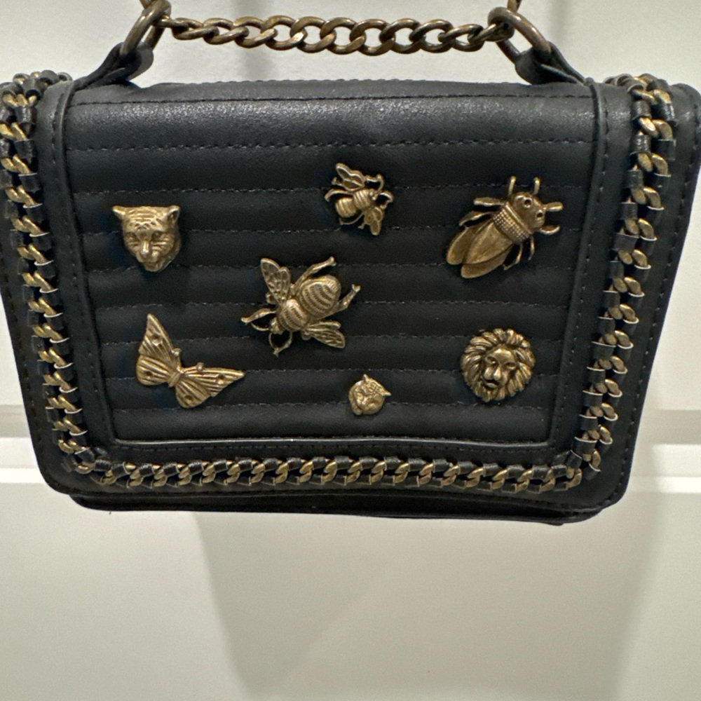 Embellished Black Mini Bag with Gold Bumblebee Insect Details